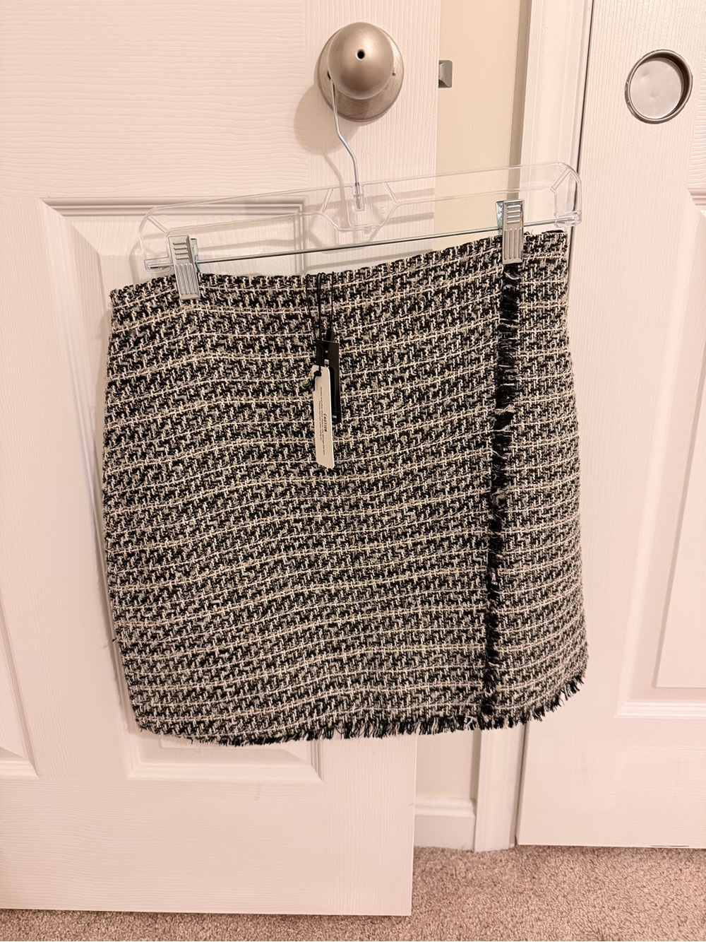 Express Black and White Tweed Fringe Mini Skirt